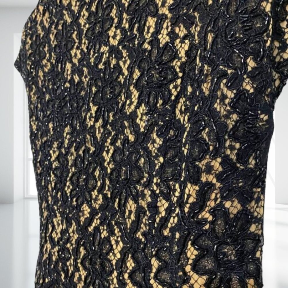 Carmen Marc Valvo Black Gold Lace Beaded Formal Dress Gown Size 6 Designer - Picture 7 of 12